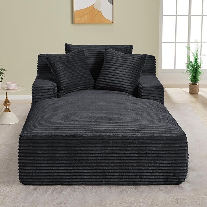 50"W x 76"D Oversized Chaise Lounge Chair Indoor Boneless Reading Chair Plush Corduroy Recliner Large Deep Seat Upholstered Sleeper Comfy Sofa Couch with 3 Pillows for Living Room Bedroom, Dark Gray