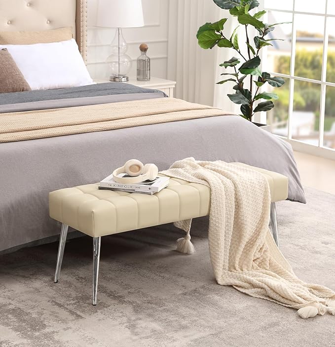 Apicizon 44.5”Entryway Bench, Soft Faux Leather Indoor Bench with Metal Legs, Modern Cushion Ottoman Bench for Bedroom, Living Room, Entrance, Dining Room, Beige