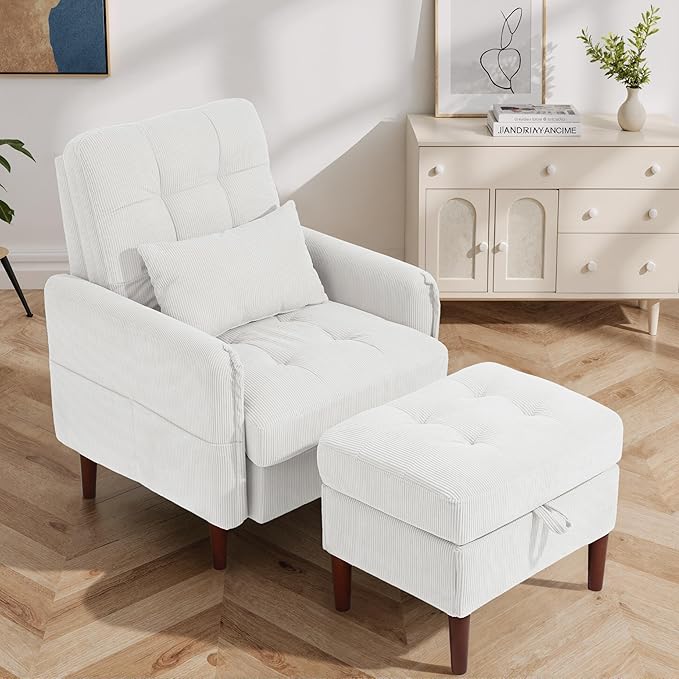 Lumibee Accent Chair with Storage Ottoman, Upholstered Comfy Reading Chair with Adjustable Reclining Backrest, Corduroy Fabric Lounge Chair Armchair for Living Room Bedroom, White