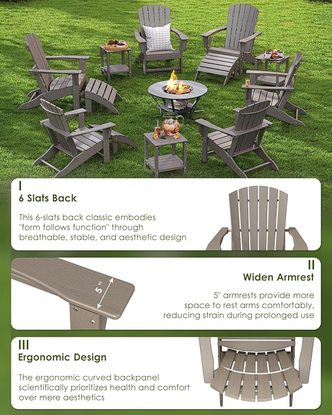 GREENVINES Adirondack Chairs Set of 4 | Wood Grain HDPE Plastic | Oversized Fire Pit Chair | All Weather | Desert Brown | Poly Lumber | for Outdoor Deck Backyard Patio Garden