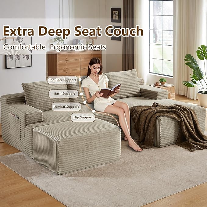 96" U-Shape Cloud Couch, Modern Modular Sectional L-Shape Sofa with Ottoman, Corduroy Upholstered Couches Deep Seat Sleeper Chaise Longue for Living Room, No Assembly Required(Camel, Right Facing)