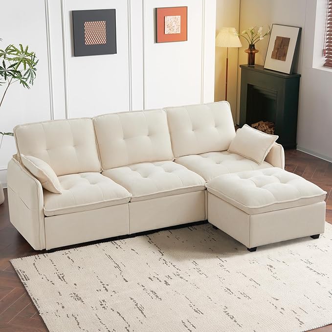 PALLOME 96" Modular L-Shaped Sofa - 3-Seat Cloud Couch with Movable Ottoman, Extra Deep Seat Sofa Couch with Throw Pillows for Living Room & Small Spaces (Beige, 3-Seat + Ottoman)