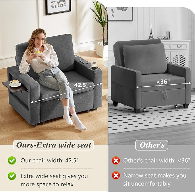 WEUP 42.5" Sleeper Chair Bed, 3-in-1 Oversized Convertible Sleeper Sofa Chair with Pull Out Bed, Reclining Adjustable Backrest/USB Ports/Table/Cup Holder, Tool-Free Assembly, Premium Dark Gray