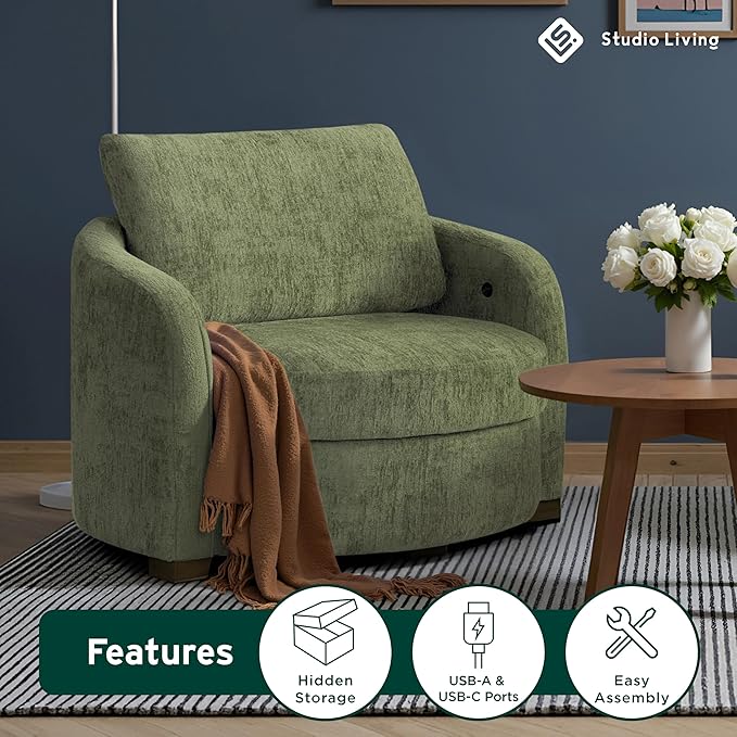 Studio Living® Manchester 44.1" Storage Chair, Modern Farmhouse, Pocket Coil Comfort, USB A & C Power, Easy Assembly, Chenille Fabric, Olive