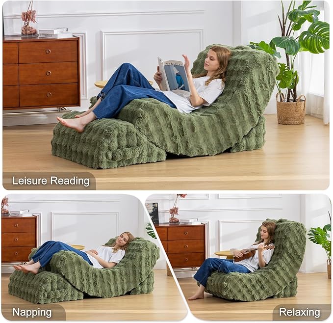 Gaint Bean Bag Chairs for Adults, Beanbag Lounge Filled with Memory Foam, Adjustable Angle, Velvet Fabric, with Detachable Footrest for Bedroom, Living Room and Nursery(Green)