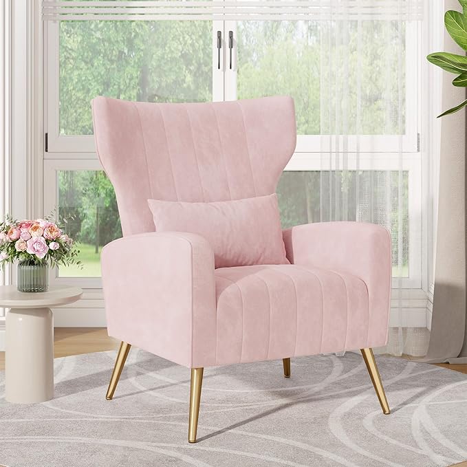 Nalupatio Modern Accent Chairs for Living Room Chairs Upholstered Velvet Fabric Reading Chair Mid Century Arm Chair Comfy Armchair,Pink