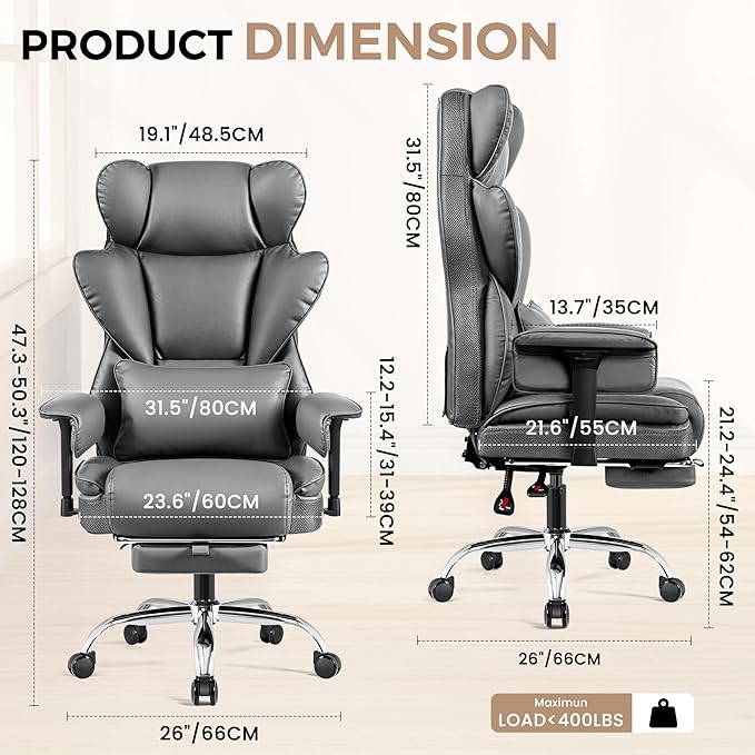 BESTFAIR Big and Tall Office Chair - High Back Executive Chair with Footrest & Lumbar Support for Heavy People, Adjustable Arms, Padded Wide Seat Computer Gaming Chair, Gray 2 Pack
