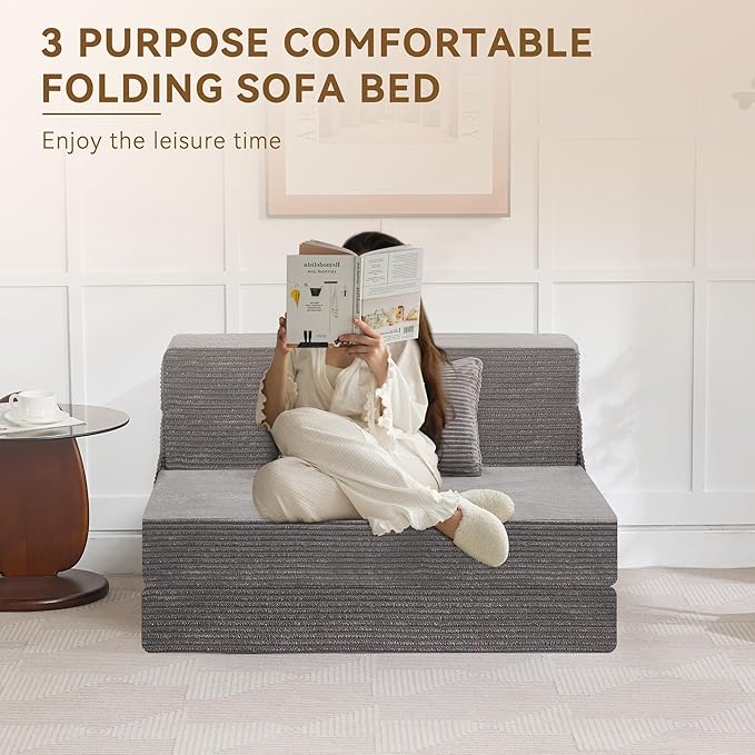 Folding Sofa Bed Convertible Floor Couch Foldable Chair Bed with Pillow，Linen Sleeper Chair Futon,Foldable Memory Foam Mattress for Bedroom/Living Room/Dorm/Office (Corduroy Grey, Standard)