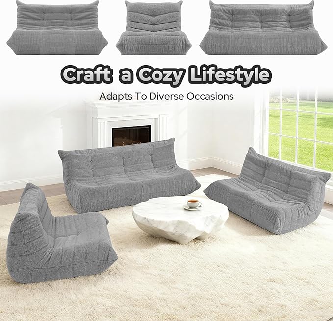 HABUTWAY Bean Bag Chairs Fireside Lazy Floor Sofa, Soft Teddy Fleece 3 Seater Sofa with High-Resilience Foam Filling，Beanbag for Living Room, Bedroom, Office (Light Gray Teddy)