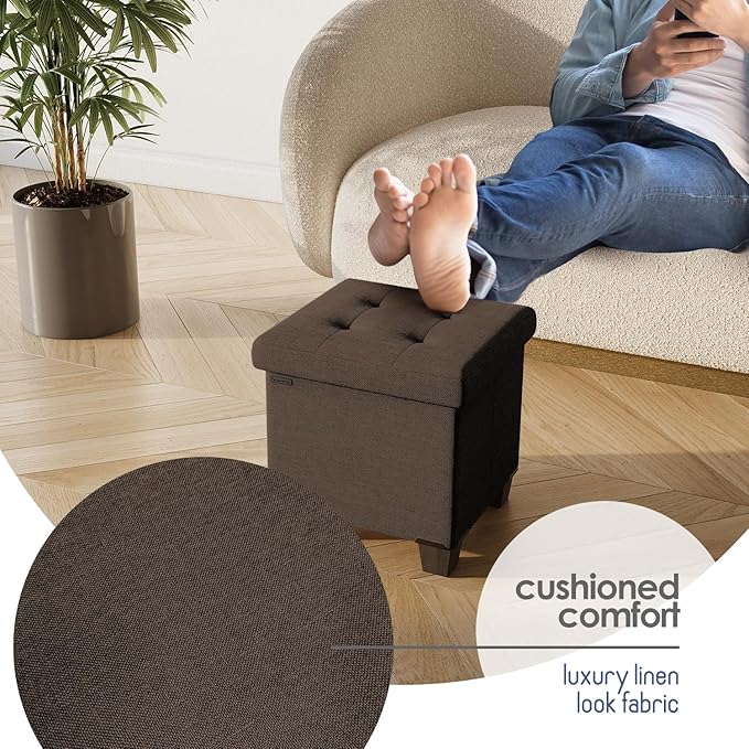 Storage Ottoman Cube with Small Bin, 16-in Square Ottoman with Storage for Living Room and Bedroom, Small Ottomans Foot Rest, Fabric Foot Stools Ottomans Max 330lbs, Brown