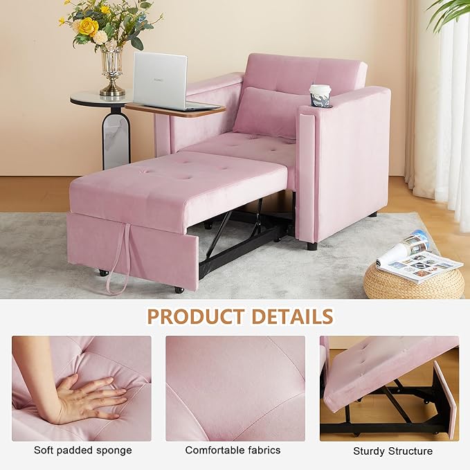 ORRD Convertible Chair Bed, 3-in-1 Multi-Functional Velvet Sleeper Sofa Pull-Out Couch Chair Bed with Adjustable Backrest and Hidden Side Table for Living Room, Small Space, Apartment (Pink)