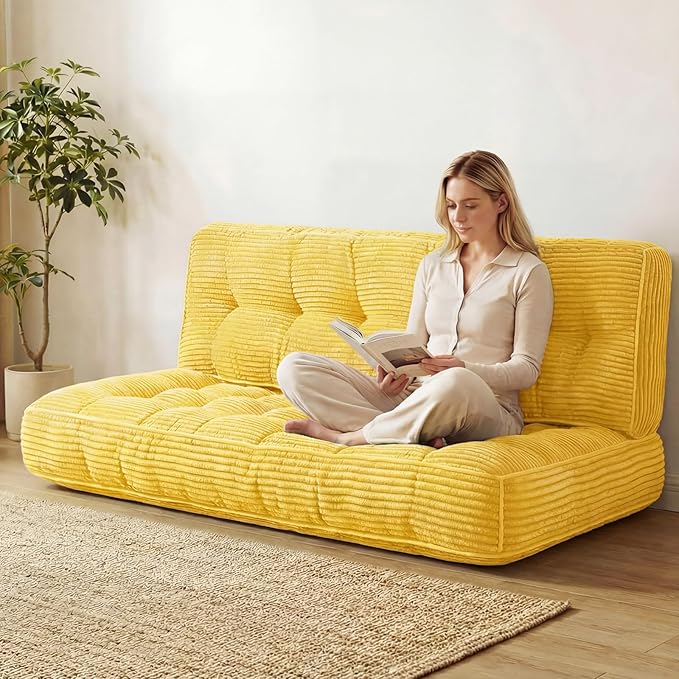 Vercraft 63 Inch Folding Bench Cushion, 4 Inch Thick 2-in-1 Convertible Long Floor Lounger Boneless Cushions Couch Mattress Upholstered for Yoga, Reading, Sleeping, Meditation Living Room(Yellow)