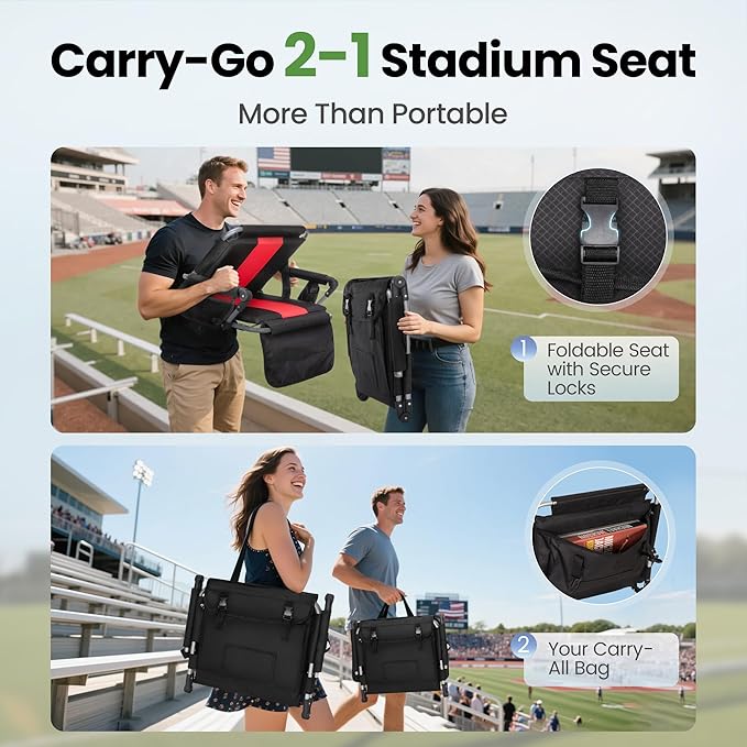 HIGH POINT SPORTS Foldable Stadium Seat Portable Folding Stadium Chairs Padded Bleacher Seat Cushion Bleacher Chair with Armrest and Cup Holder
