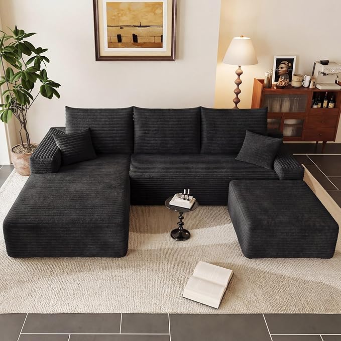 95" Cloud Sectional Couch with Ottoman,Modern U-Shaped Cloud Couch with Deep Seat,Comfy Corduroy 3-Seater Sofa,Memory Foam Sofa for Living Room,No Assembly (Black,Left-Facing Chaise)