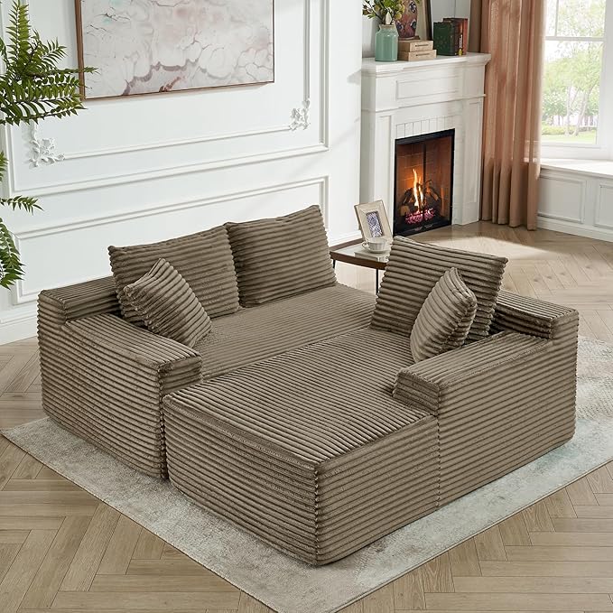 HYJT-H&K Modular Sectional Sofa Cloud Sectional Couch, 95" Comfy Fluffy L Shaped Brown Couches for Living Room, Deep Seat Memory Foam Plush Corduroy Boneless Couch Sectionals Right Facing Chaise Sofa