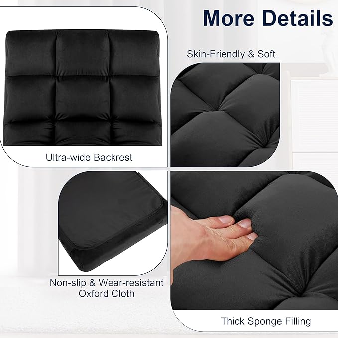 Floor Chair, 24 inches Wide Oversized Velvet Armless Lay Flat Floor seat Padded Meditation Chair with 6 Adjustable Position Ergonomic Comfortable Convenient(LRSF-016-BLACK)