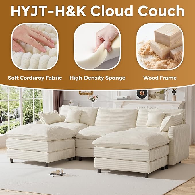 HYJT-H&K 108" U Shaped Cloud Couch Modular White Sectional Couches for Living Room, Comfy Fluffy Corduroy Oversized Cloud Sectional Couch Large 5 Seat Sectionals Sofa Set, White