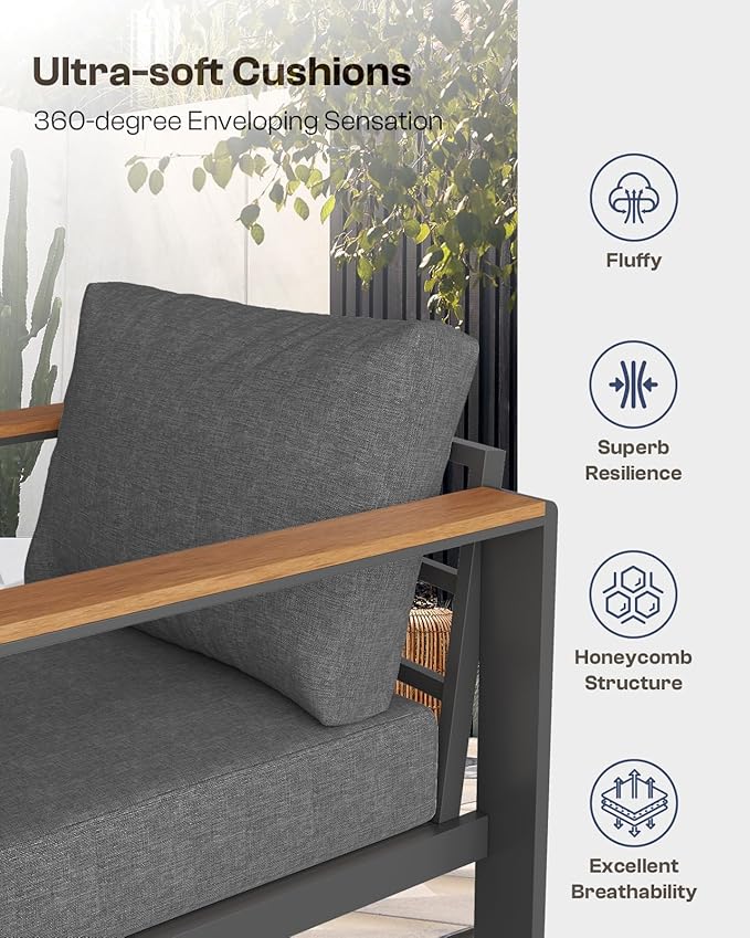 Oasbira Aluminum Outdoor Patio Furniture Armchair, All-Weather Outdoor Patio Sofa with Washable Thick Cushion, Patio Sofa Couch Set of 2 for Porch, Balcony, Deck, Yard, Graphite