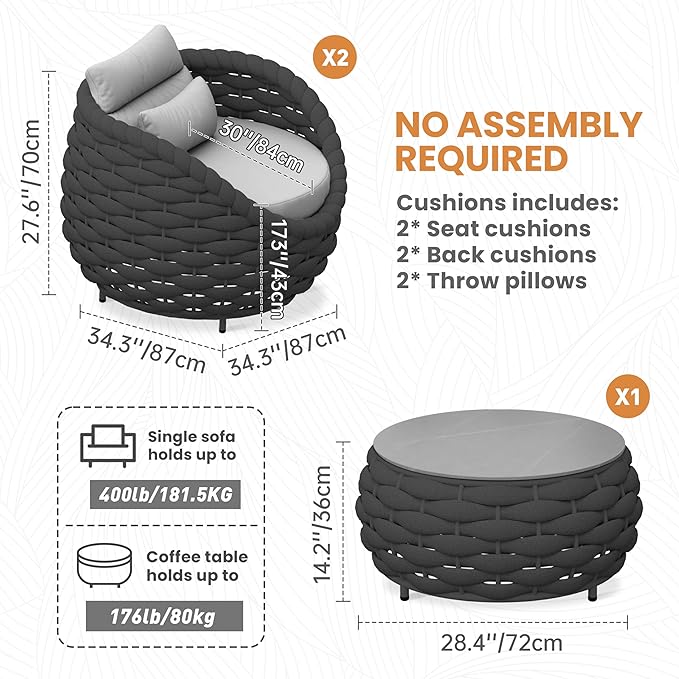 Erotr 3 Pieces Woven Rope Patio Furniture Sofa Sets: Aluminum Outdoor Conversation Set of 2 - Assembled Modern Cushions Couch Armchair Table Set - All Weather for Indoor Deck Porch Pool Hotel