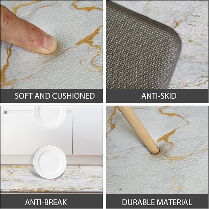 Kitchen Floor Mats Cushioned Anti Fatigue, White Marble Kitchen Rugs Set of 2 Non Slip Waterproof Memory Foam Kitchen Mat Comfort Standing Mat for Gold Kitchen Accessories and Décor
