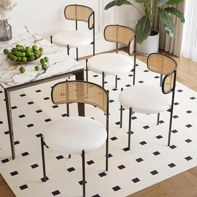 Farini Dining Chairs Set of 2, PU Leather Upholstered Seat with Woven Rattan Back, Sturdy Metal Legs Modern Side Chairs for Kitchen Living Room Restaurant, Beige