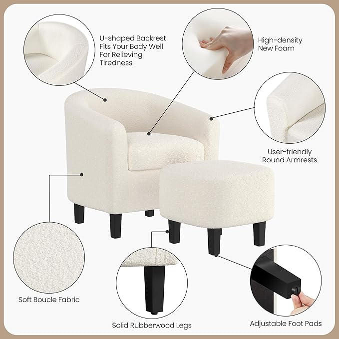 Yaheetech Accent Chair and Ottoman Set, Modern Fuzzy Sherpa Barrel Chair and Footrest, Comfy Boucle Armchair and Footstool for Living Room/Bedroom/Reading Room/Guestroom, Ivory