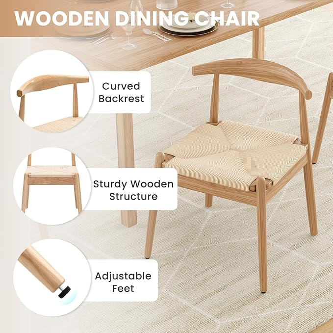 Farini Mid Century Modern Dining Chairs Set of 4, Solid Wood Frame Kitchen Chairs with Woven Upholstered Seat for Dining Room & Breakfast Nook,Natural-Beige