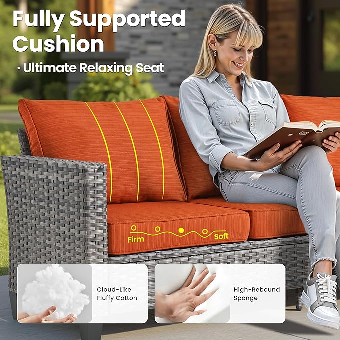ovios 9 Pieces Patio Furniture Set, Outdoor Wicker Sofa Couch with Rocking Swivel Chairs Solar Lights Table, Modern Deep Seat Rattan Conversation Sets for Deck Porch, Orange Red