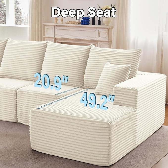 135.4" W Cloud Sectional Couch with Ottoman,Modern U-Shaped Cloud Couch with Deep Seat,Comfy Corduroy 4-Seater Sofa,Memory Foam Sofa for Living Room,No Assembly (White,Right-Facing Chaise)