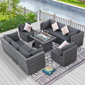 RADIATA 9 Piece Wicker Patio Furniture Set with Fire Pit, All-Weather Outdoor Sectional Couch High Back Large Size, Modular Backyard Seating Sofa Set with Propane/Natural Gas Firepit Table, Dark Grey