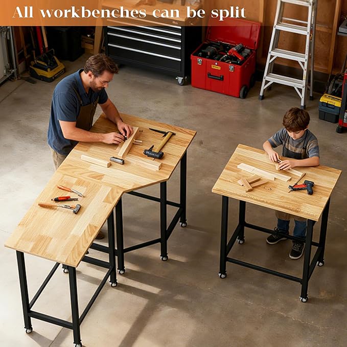 Betterhood 48"/60" Heavy-Duty Adjustable Workbench for Garage, Rubber Wood Shop Table,Hardwood Workstation Weight Capacity Over 1500 Lbs (Rubber Pad/Power Outlets/Ruler/63 x21.7 x35.8)
