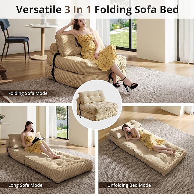 Convertible Sofa Bed & Couch Bed - Oversized Adult Sleeper Chair & Bean Bag Chair, Foldable Floor Bed with Backrest, Comfortable Lazy Sofa for Bedroom, Living Room & Dorm