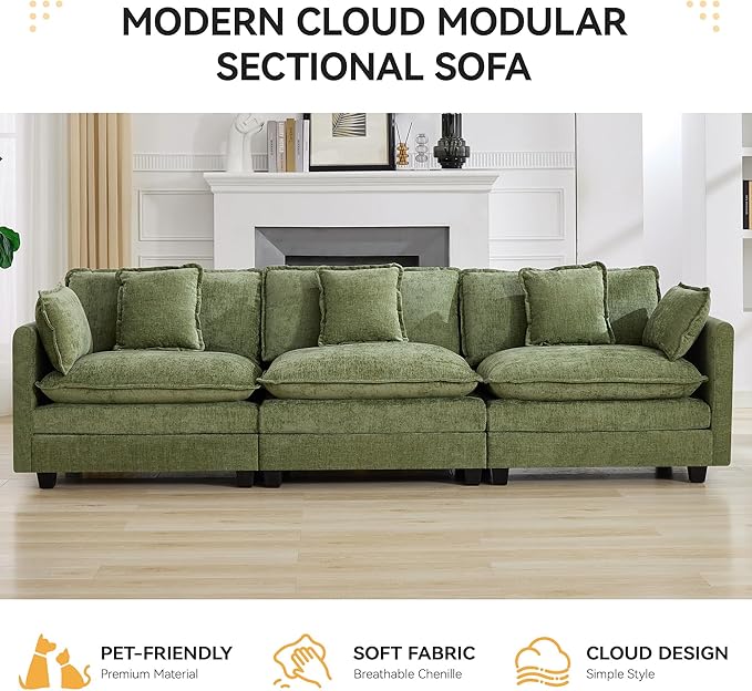 111'' Sectional Cloud Deep Seat Couch, Modern Comfy Chenille Modular Sectional Sofa for Living Room Set, Upholstered Modular 3-Seats Sofa Couch, Green