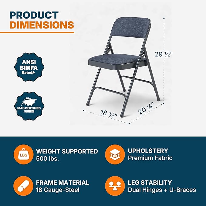 OEF Furnishings OEF2200 Series Heavy-Duty Premium Fabric Padded Upholstery Double-Hinged Folding Chairs (4-Pack, Midnight Blue)
