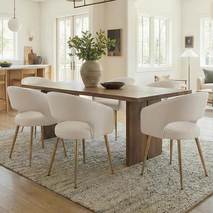 COMULER Cream Velvet Dining Chairs Gold Legs, Modern Dining Room Chairs with Arms Set of 6 Upholstered Accent Chair Armchair with Barrel Back for Kitchen Living Room