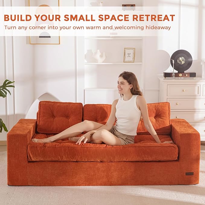 MAXYOYO Boneless Sofa Couch, Loveseat Sofa for Small Space, Tufted 3-Seater Floor Couch Bean Bag Chair for Living Room Bedroom Apartment, Sofa in a Box, No Assembly Needed, Orange