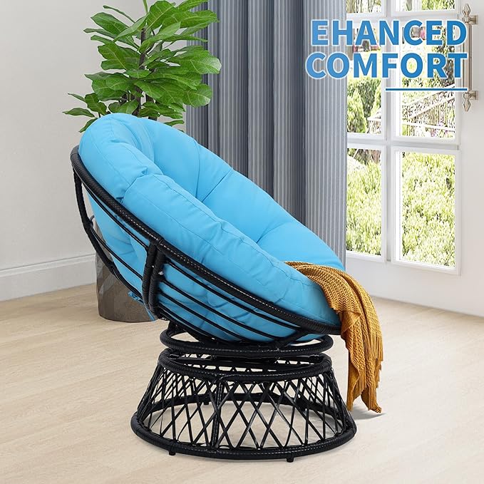 Kromax 40" Ergonomic Wicker Papasan Chair, 360° Swivel Round Egg Chair with Soft Thick Cushion, Indoor Outdoor Use for Living Room, Bedroom, Reading Room, Black Frame with Blue Cushion