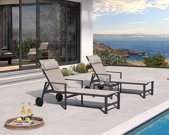 PURPLE LEAF Patio Lounge Chair Set Outdoor Chaise Lounger Aluminum Frame with Armrest 2 Side Table and Wheels for Pool Outside Sunbathing Tanning Recliner Including Pillows Beige
