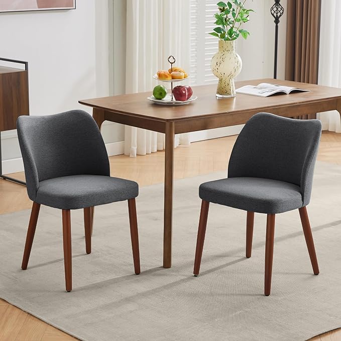 ElfinAura Dining Chair Set of 2, Linen Upholstered Dining Chair with Wood Legs, Wing Backrest, Wooden Kitchen Chair, Kitchen Chairs with Thick Cushions for Dining Room, Living Room, Dark Grey