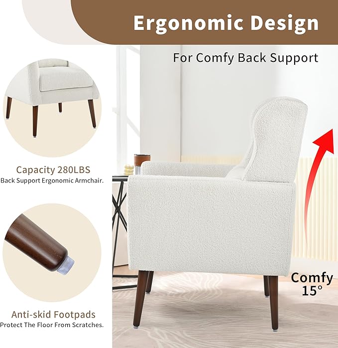 CHSICFOR Modern Accent Chair, Upholstered Arm Chair with Waist Pillow, Single Sofa Chair for Living Room Bedroom Small Spaces (White)