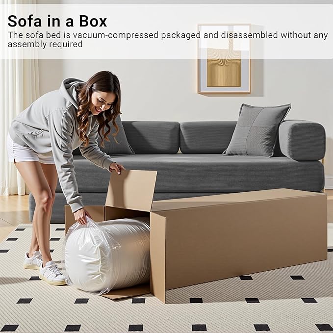 78" Convertible Sleeper Sofa Bed, Corduroy Folding Sofa Bed with Fixed-Shape Frame, Fold Out Floor Mattress Couch, Lazy Compression Sofas for Living Room, Bedroom, No Assembly Required, Grey