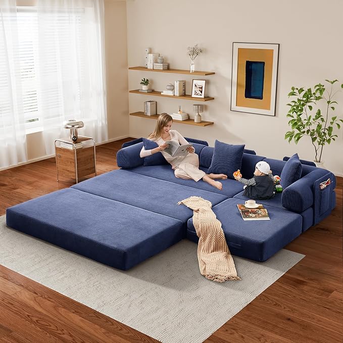 L Shaped Convertible Modular Boneless Sofa Bed with Cylindrical Pillow, Corduroy Folding Floor Sofa Couch Bed with Fixed-Shape Frame & Storage Pocket for Living Room, Blue