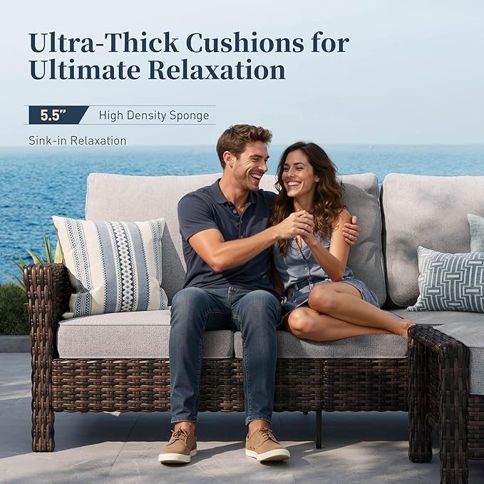 SUNSHINE VALLEY 6 Piece Patio Furniture Set with Swivel Chairs, High Back Wicker Rattan Sofa with Extra Thick Cushion, Coffee Table and Ottoman, Outdoor Conversation Set for Backyard Deck, Grey