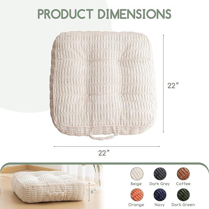 6" Washable Floor Pillow Cushion for Adults, Meditation Cushion Pillow, Removable Tufted Blended Corduroy Cover, Large Square Floor Sitting for Tatami Living Room or Yoga, 22x22 Inch, Machine Washable