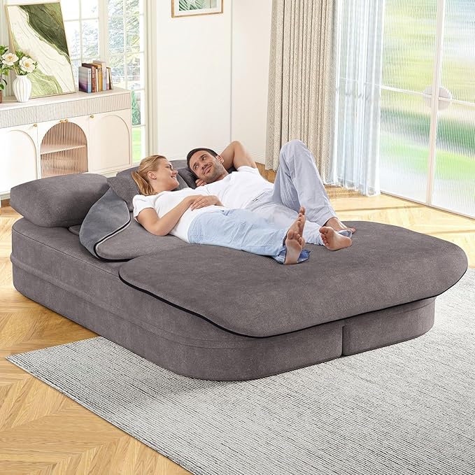 Antetek Convertible Sleeper Sofa, Modern Folding Futon Chenille Floor Foam Compression Loveseat Sofa Bed Couch, Foldable Full Size Guest Bed with 4 Pillows for Living Room Bedroom Apartment, Grey