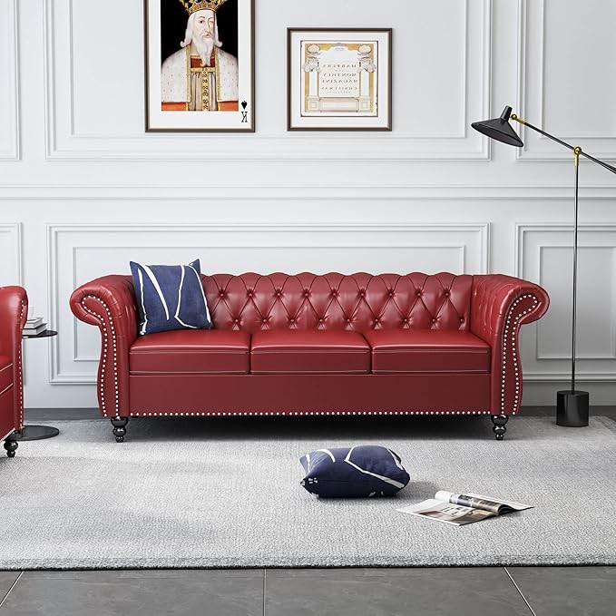 QHITTY Accent Large Sofa, Chesterfield Couch 3 Seater Modern Leather Couch Upholstered Sofa with Tufted Back for Living Room Furniture (Burgundy)