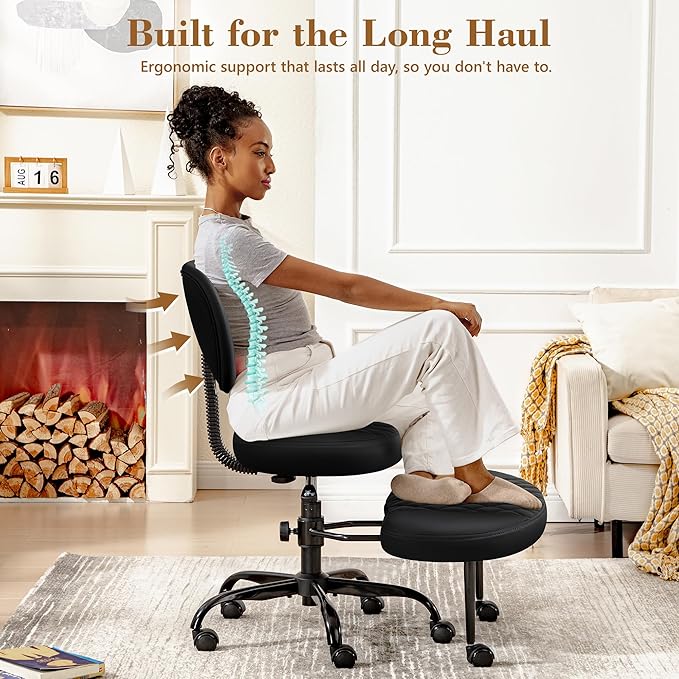 Ergonomic Cross Legged Office Chair with Wheels - Adjustable Height for Meditation, ADHD Desk & Yoga - Wide Criss Cross Design with Lumbar Support, Kneeling Chair - Inky Black