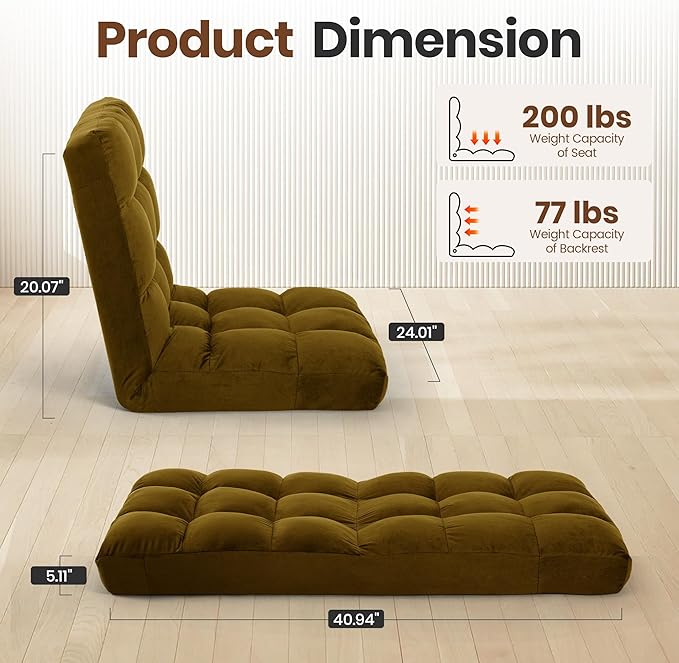 Large Lazy Sofa, 24-inch Wide Plush Velvet Adjustable Floor Chair, 14-Position Armless Sofa(tan)