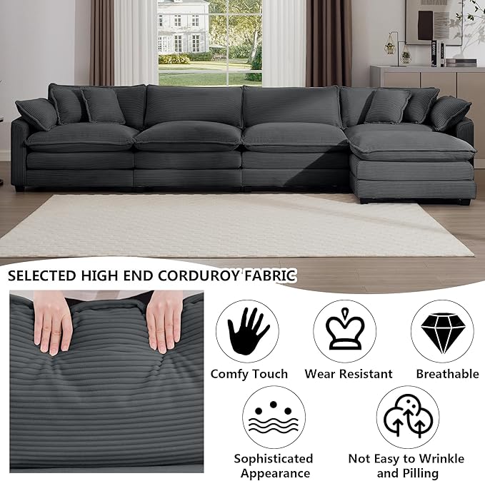 Aoowow Corduroy 4 Seater Cloud Couch with Ottoman,Modern Cloud Couches for Living Room,Modular Sectional Cloud Sofas with Deep Seat,Oversized Tufted L-Shaped Sofa Set. (Grey, 4 Seater + 1 Ottoman)