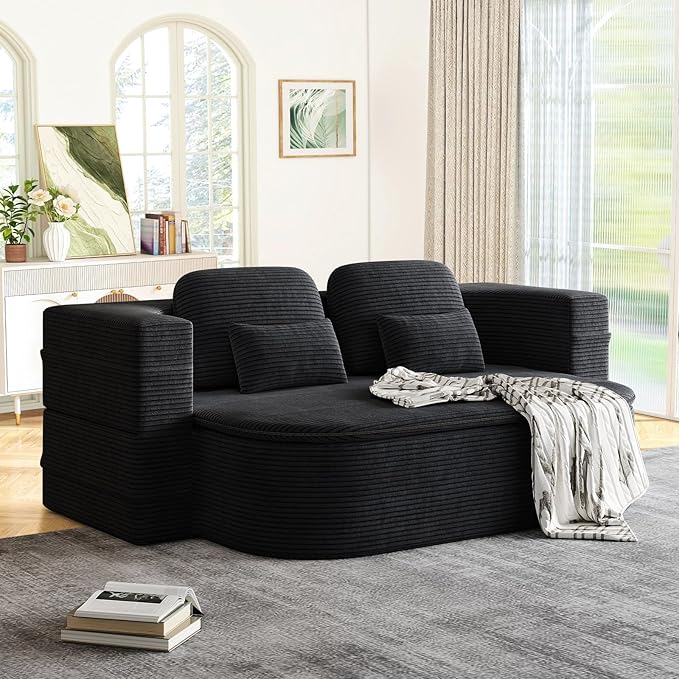 Antetek Convertible Sleeper Sofa, Modern Folding Futon Corduroy Floor Foam Compression Loveseat Sofa Bed Couch, Foldable Full Size Guest Bed with 4 Pillows for Living Room Bedroom Apartment, Black